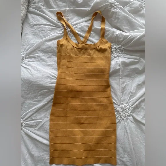 Dresses | Bebe Gold Bandage Dress Euc Size Small Minidress Sexy Stunning |  Poshmark